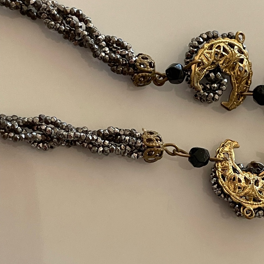 Haskell Diamonte Pearl Gold Filigree Black Pendant Signed Vintage Necklace - Picture 11 of 14